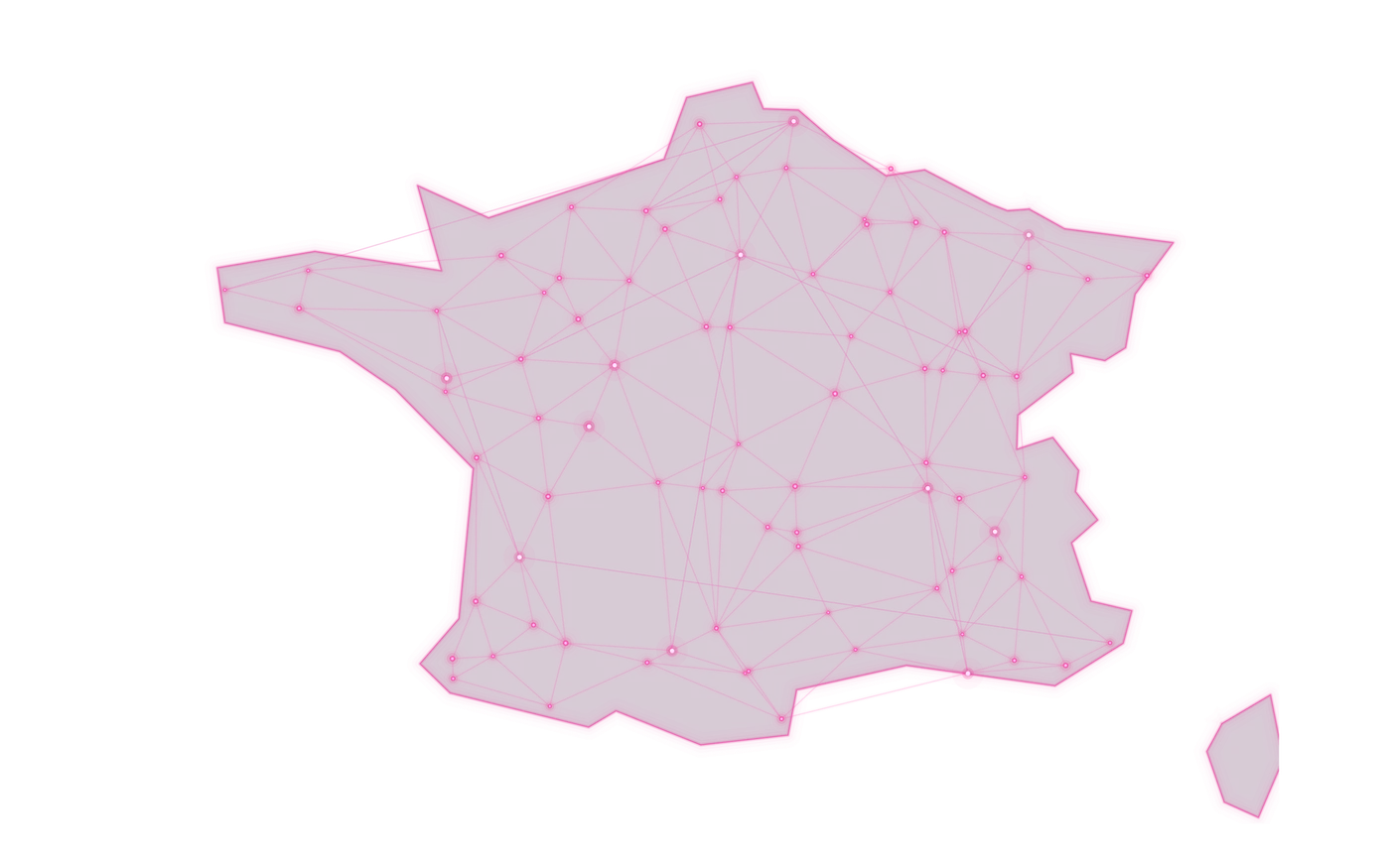 Réseau national de talents CHERRY MOON, représentation graphique de la France et des connexions locales